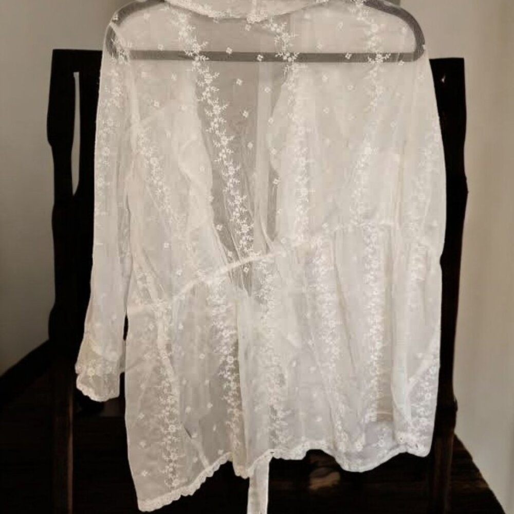 POL Sheer Tie-Front Blouse with Floral Embroidery – Size Medium - Picture 9 of 13